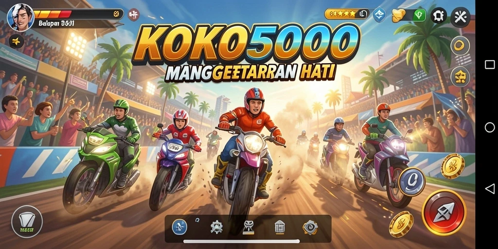 Gameplay balapan KOKO5000 dengan berbagai kendaraan dan lintasan.