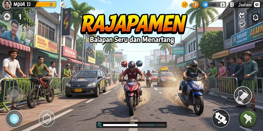 Gameplay RAJAPAMEN yang seru dan penuh aksi balapan.