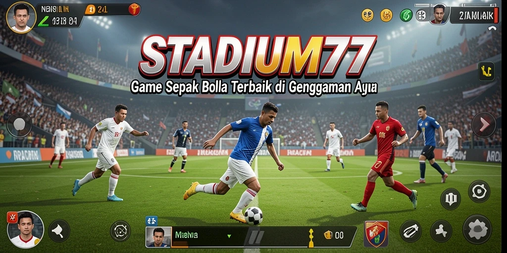 Screenshot gameplay STADIUM77 menampilkan aksi sepak bola yang seru.